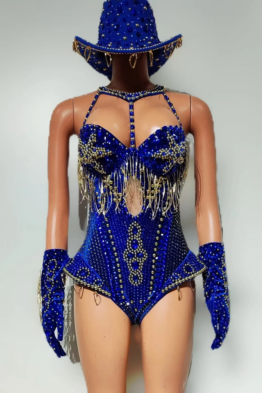 Luxury Women Crystals Tassel Bodysuit Set Cowboy Night Party Jumpsuit Stage Show Outfit Festival Celebrate Sexy Wear Hongding