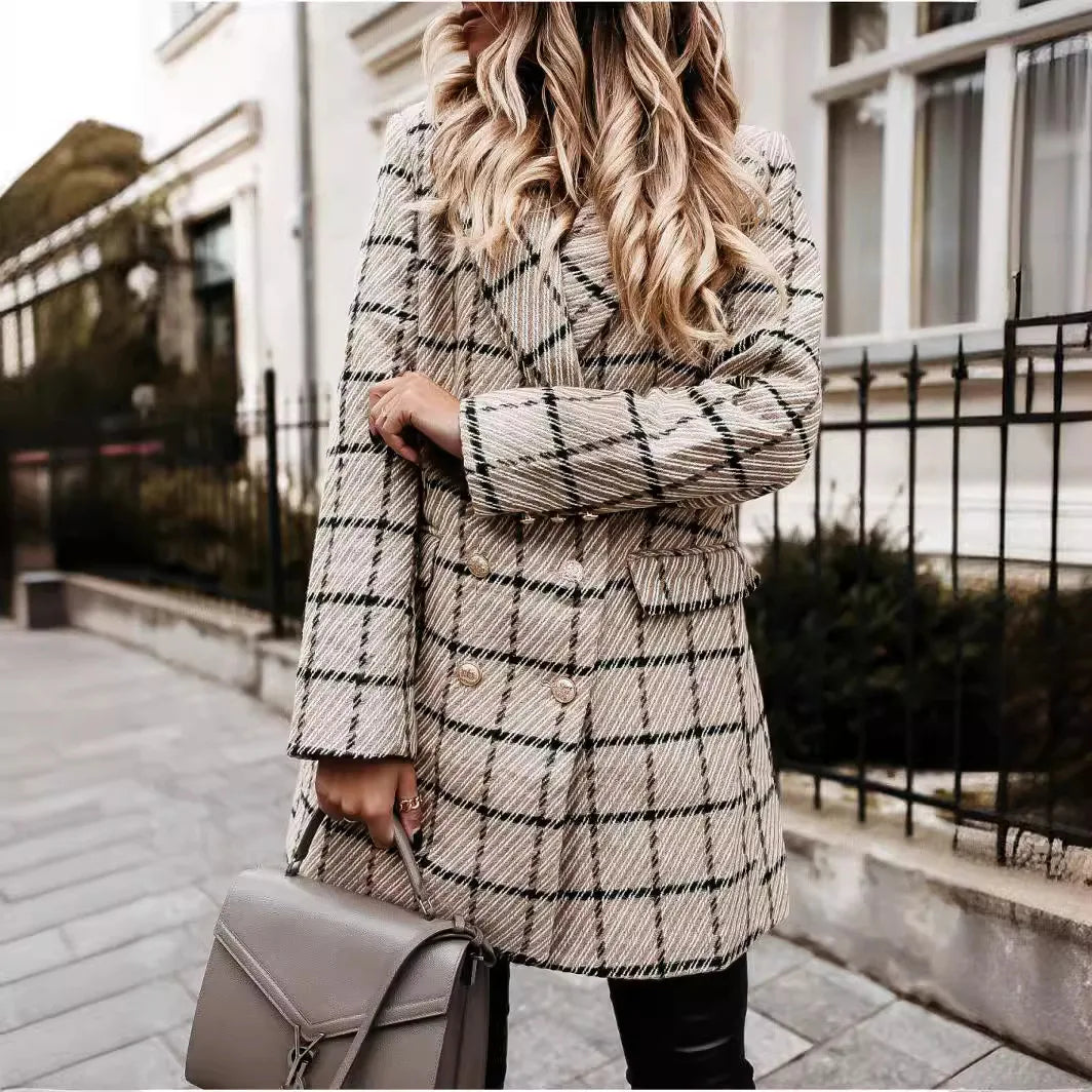 Autumn and Winter Long Sleeved Woolen Jacket Elegant Women's Plaid Patchwork Retro Blazers Long Windbreaker Coat khaki