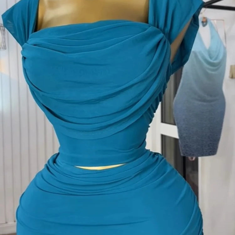 GLCMYAYA Fashion Stacked Ruched Women's Dress Set Crop Tops and Bodycon Midi Maxi Skirts Suit Vacation Two 2 Piece Set Outfit