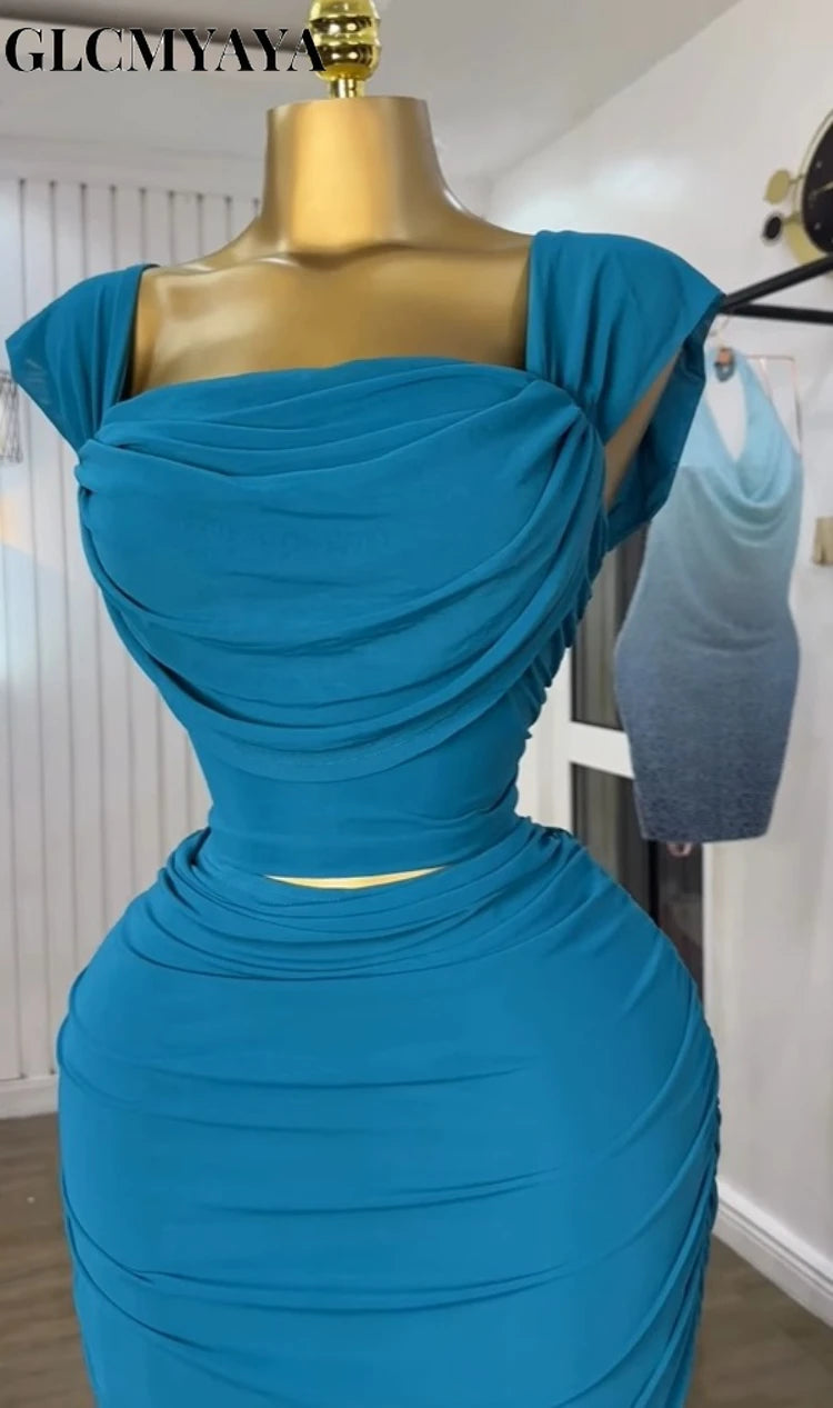 GLCMYAYA Fashion Stacked Ruched Women's Dress Set Crop Tops and Bodycon Midi Maxi Skirts Suit Vacation Two 2 Piece Set Outfit