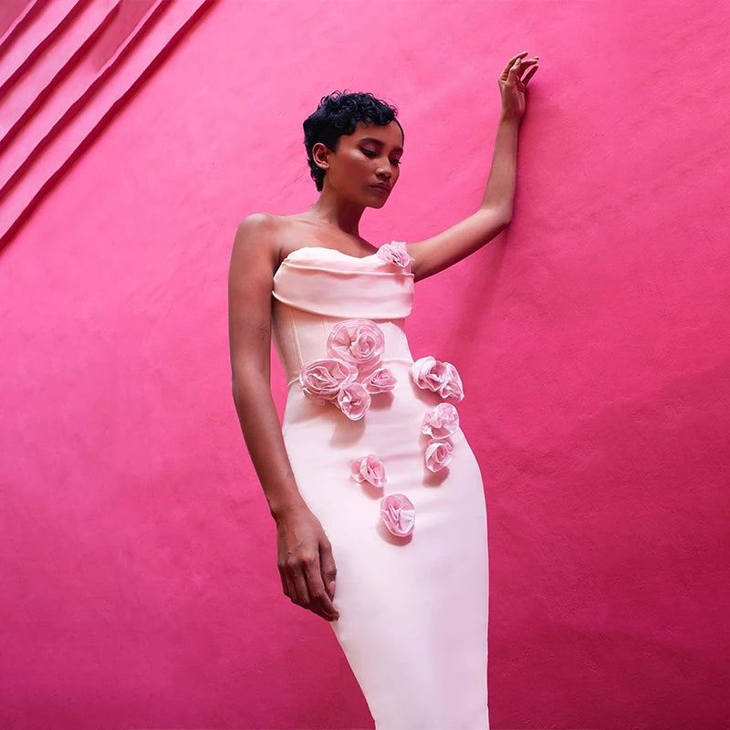 Pink Red Color Women Sexy Strapless Off the Shoulder Florals Bodycon Long Bandage Dress Celebrate Fashion Evening Party Outfit