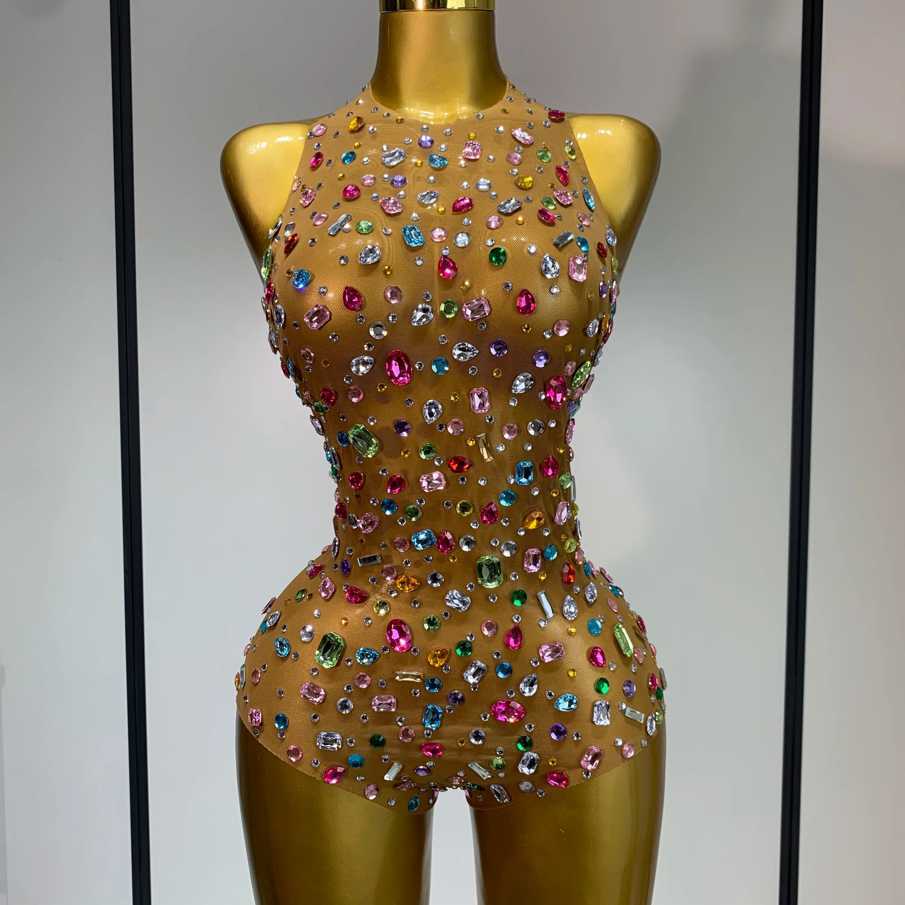 Sparkly Rhinestones Mesh See Through Bodysuit Women Sexy Backless Performance Dance Costume Celebrity Nightclub Stage Outfit Light Brown