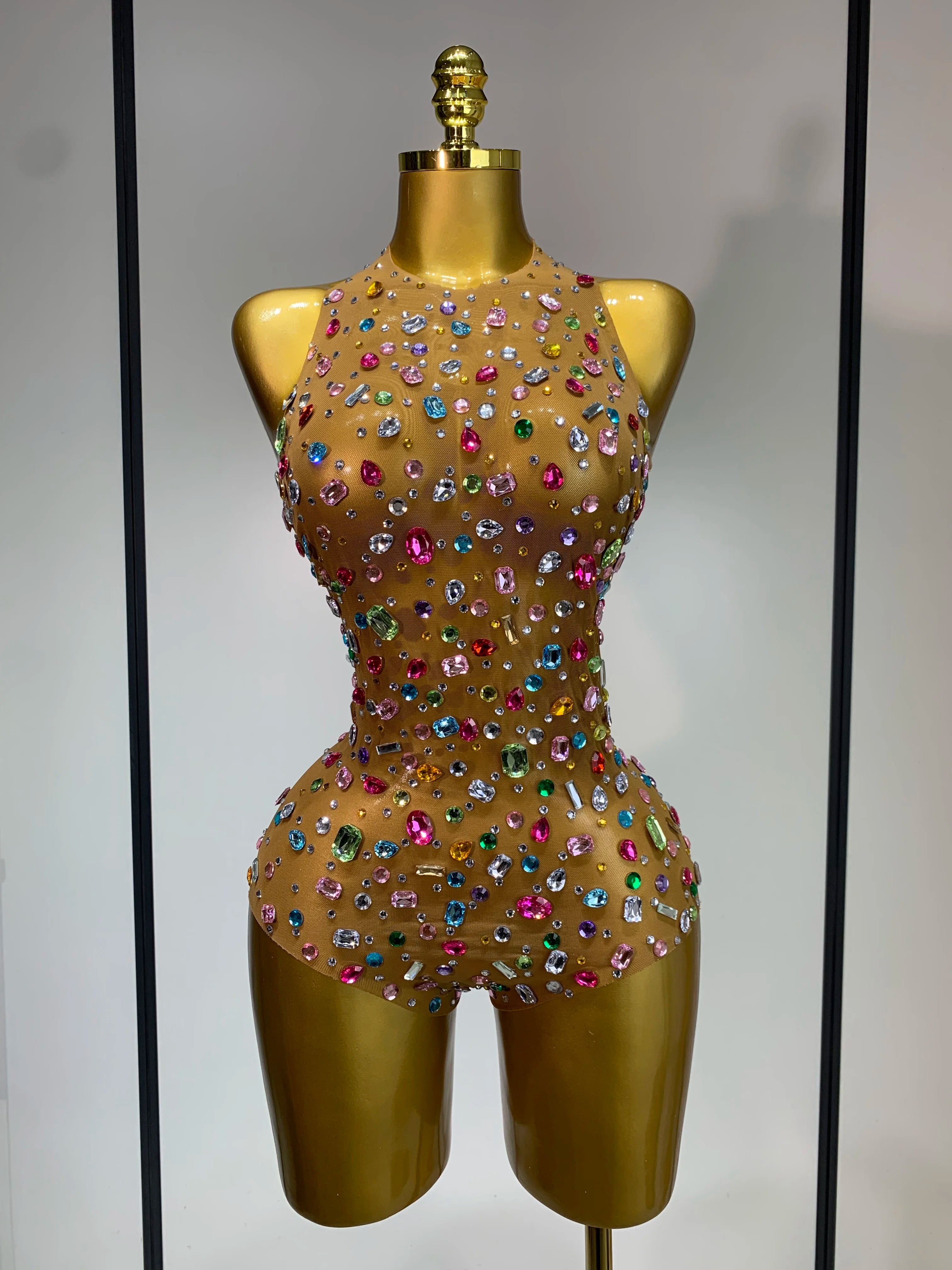 Sparkly Rhinestones Mesh See Through Bodysuit Women Sexy Backless Performance Dance Costume Celebrity Nightclub Stage Outfit Light Brown