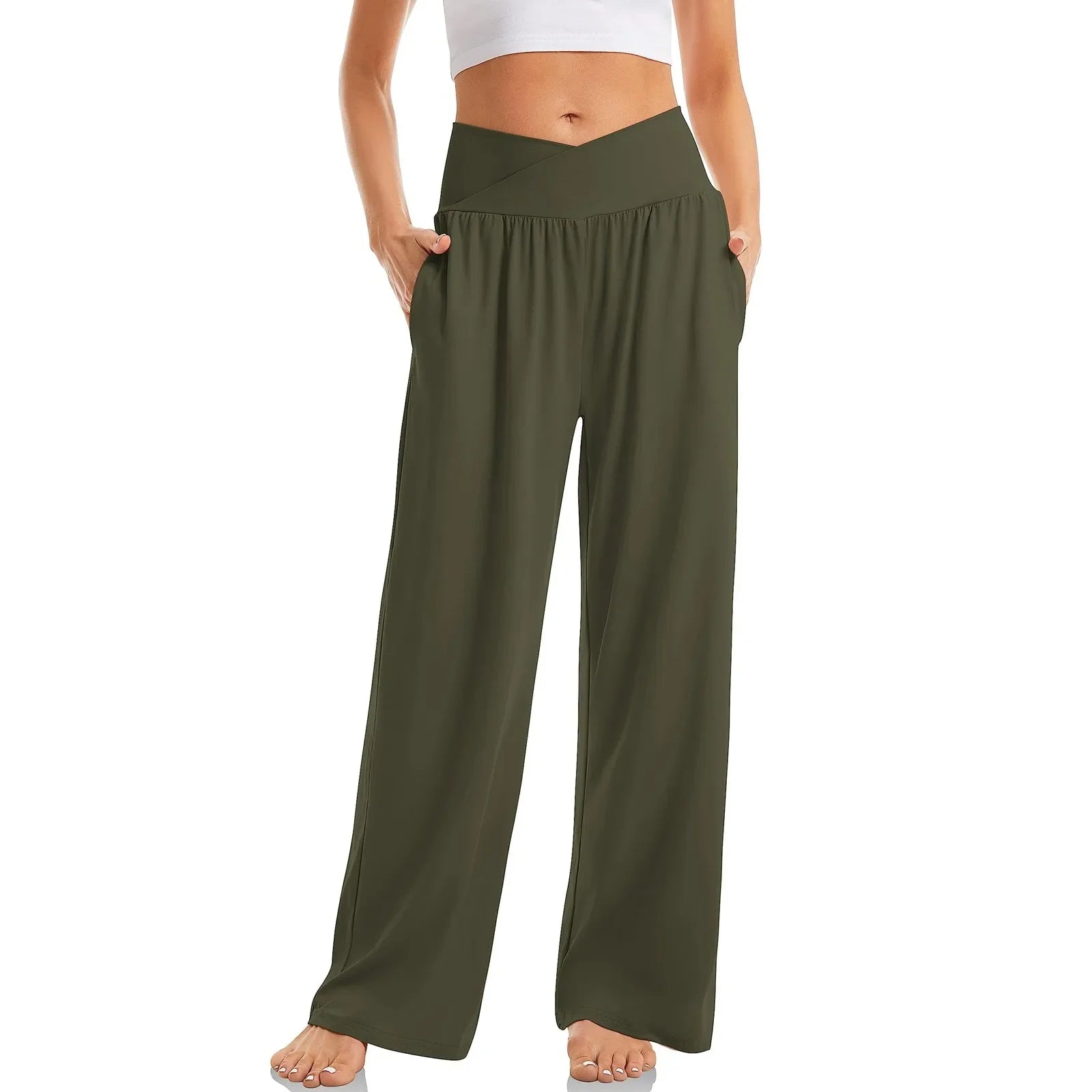 Women's High Waist Solid Color Casual Trousers Wide Leg Sports Pants With Pockets Army Green