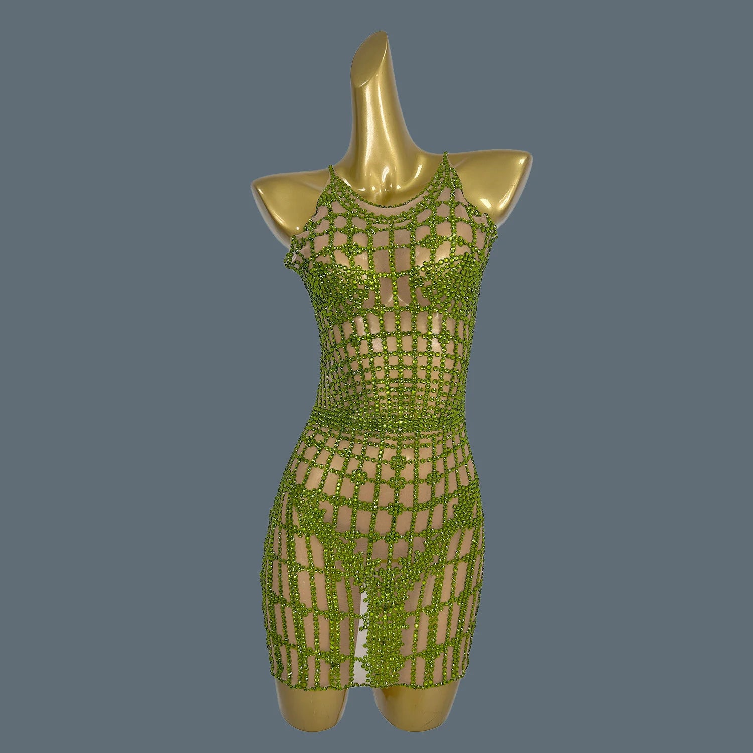 Sexy Gold Diamonds Party Dress Women Short Dress Birthday Party Nightclub Carnival Mini Gowns DJ Dance Stage Show Costume Qipan green One Size