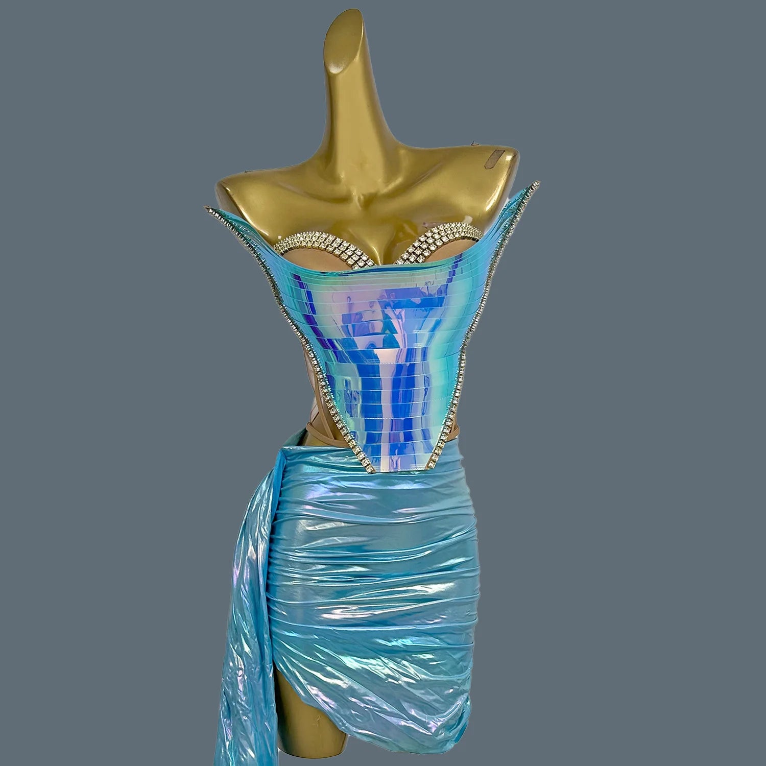 Gold Sequined 2 Pcs Set Design Sparkly Women Prom Gowns Performance Clubwear Ballroom Stage Wear Drag Queen Outfit Douniu Blue One Size