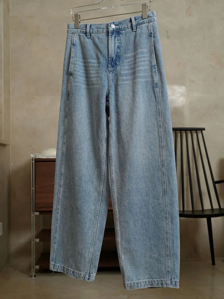 [LANMREM] Streetwear Washed Jeans For Women High Waist Straight Wide Leg Pants Fashion Female Denim Trousers Spring New Blue
