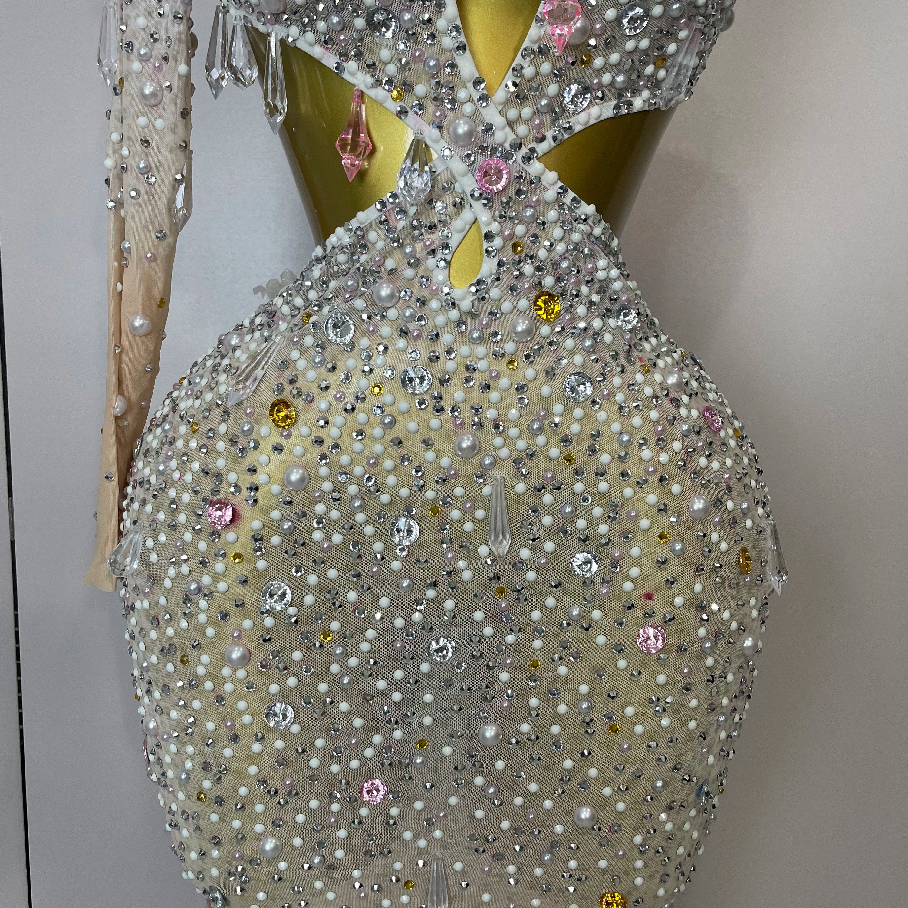 Stock 2025 Women Sexy One Shoulder Hollow Out Big Crystal Bodycon Long Dress Celebrate Nightclub Party Bar Singer Birthday Dress