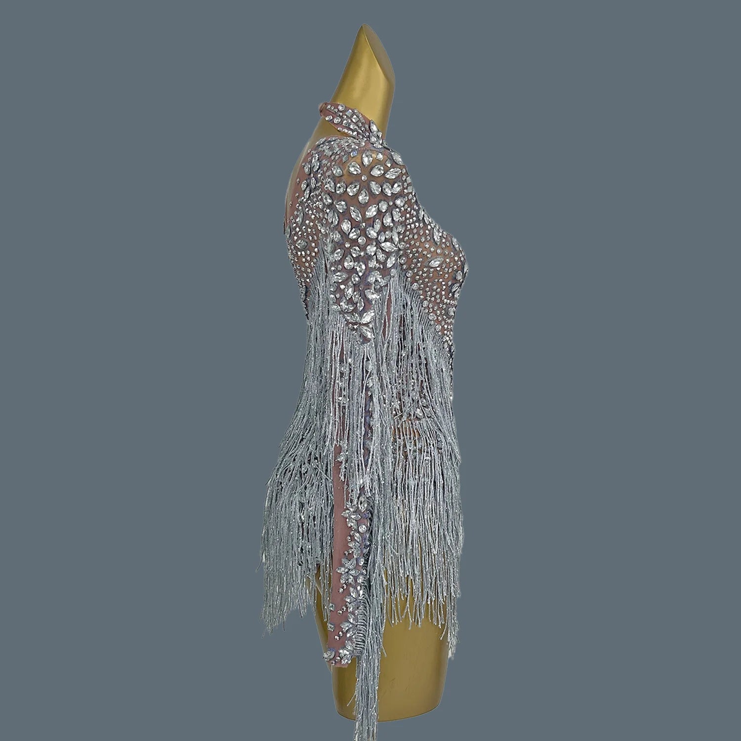 Shining Silver Tight Bodysuit Performance Dancer Costume Women Sexy Mesh Stretch Sequins Fringes Nightclub Stage Outfit Shenhui