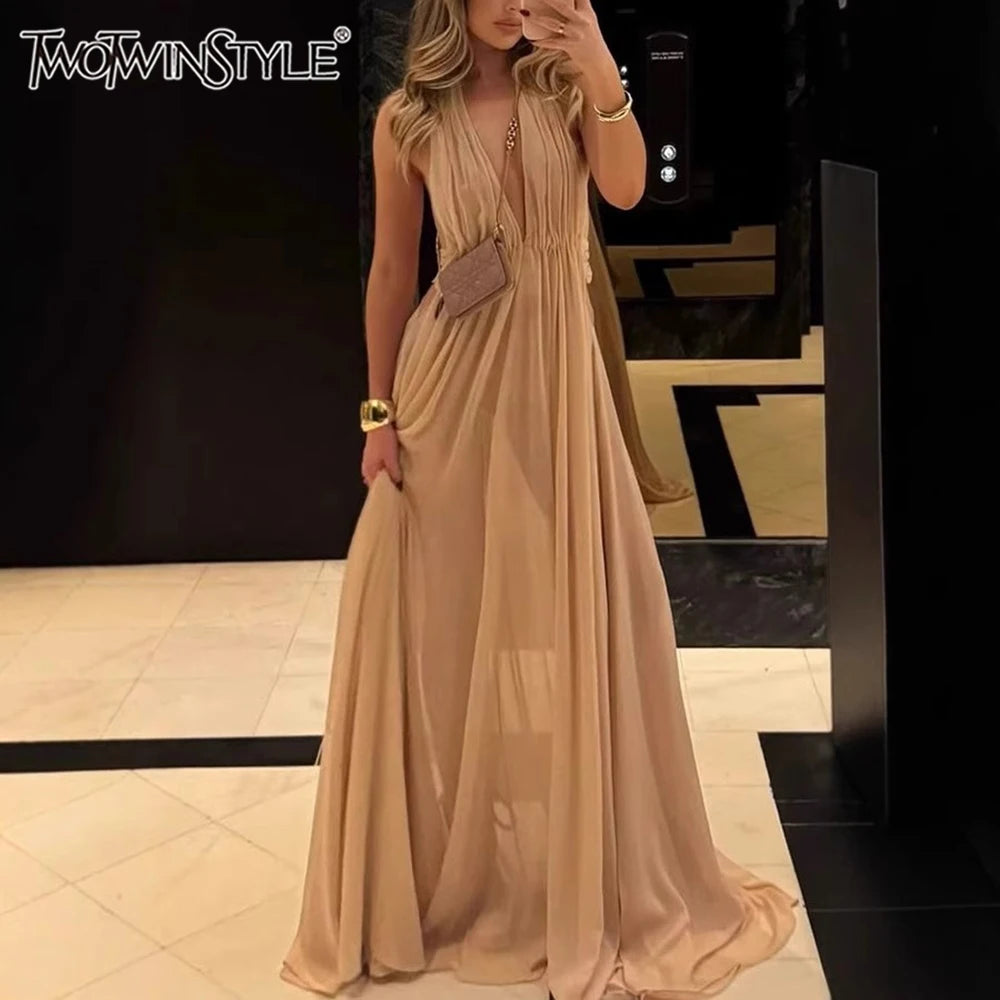 Solid Sheer Sexy Dresses for Women V Neck Sleeveless Nackless Patchwork Folds Temperament Dress Female Clothing New