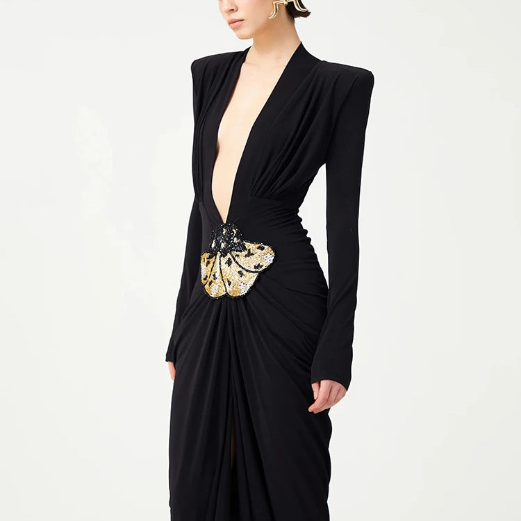 Black Deep V Plunge Long Dress Bead Sequins Butterfly Details Long Sleeves Slim High Slit Pleated Bodycon Party Evening Gowns