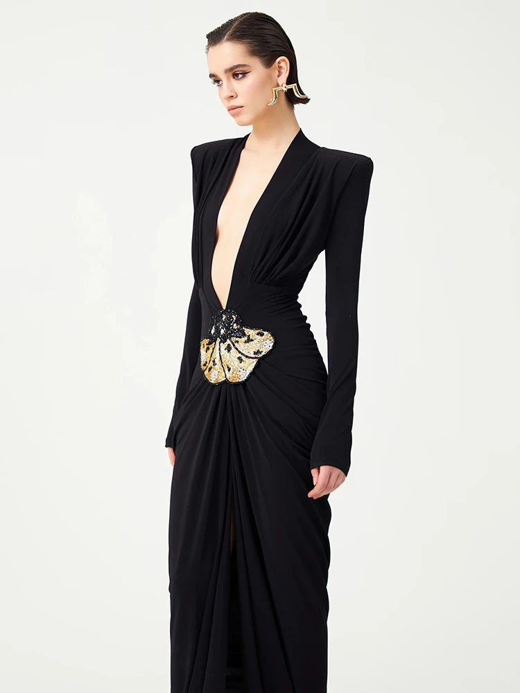 Black Deep V Plunge Long Dress Bead Sequins Butterfly Details Long Sleeves Slim High Slit Pleated Bodycon Party Evening Gowns