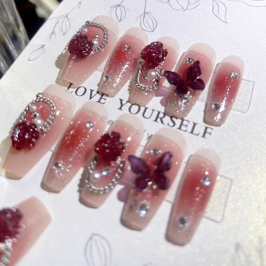 24pcs Red Rose Fake Nails Long Flower Ballet Press on Nails Design French False Nail Full Cover Wearable Fake Nail Tips Art 8