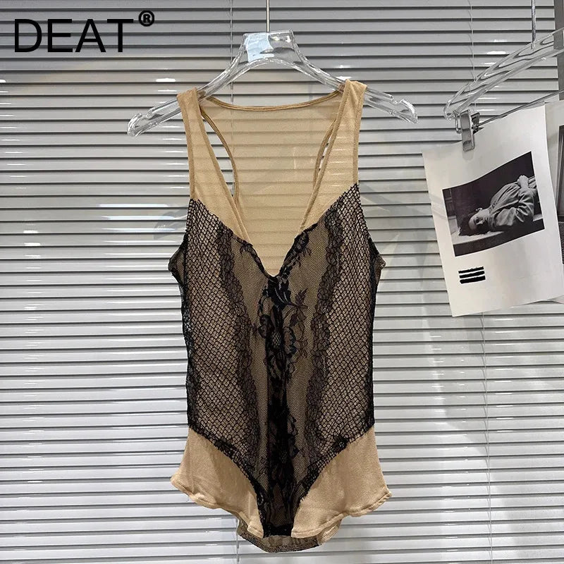 Winter New Fashion V-neck Lace Patchwork Slim Fit Mesh Camisole For Women Versatile Tank Tops Female Trend 11A07580