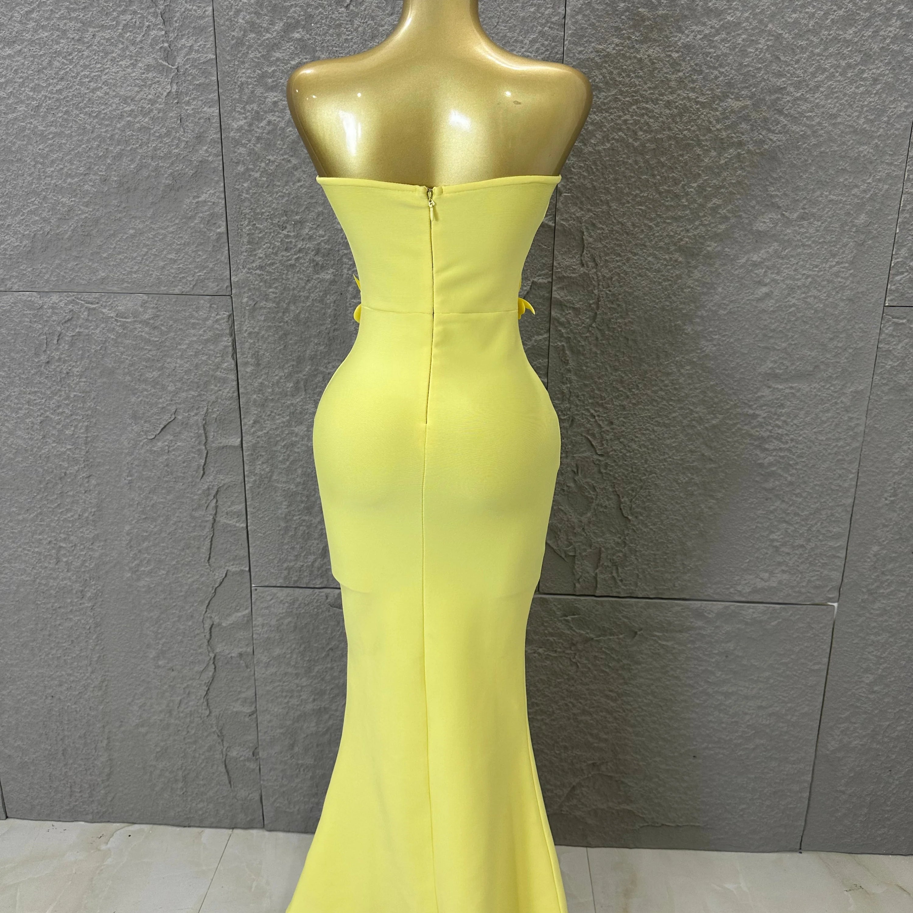 Elegant Yellow Strapless Sweetheart Neck Mermaid Dress 3D Flower Fitted Flare Hem Evening Birthday Gala Banquet Party Outfit