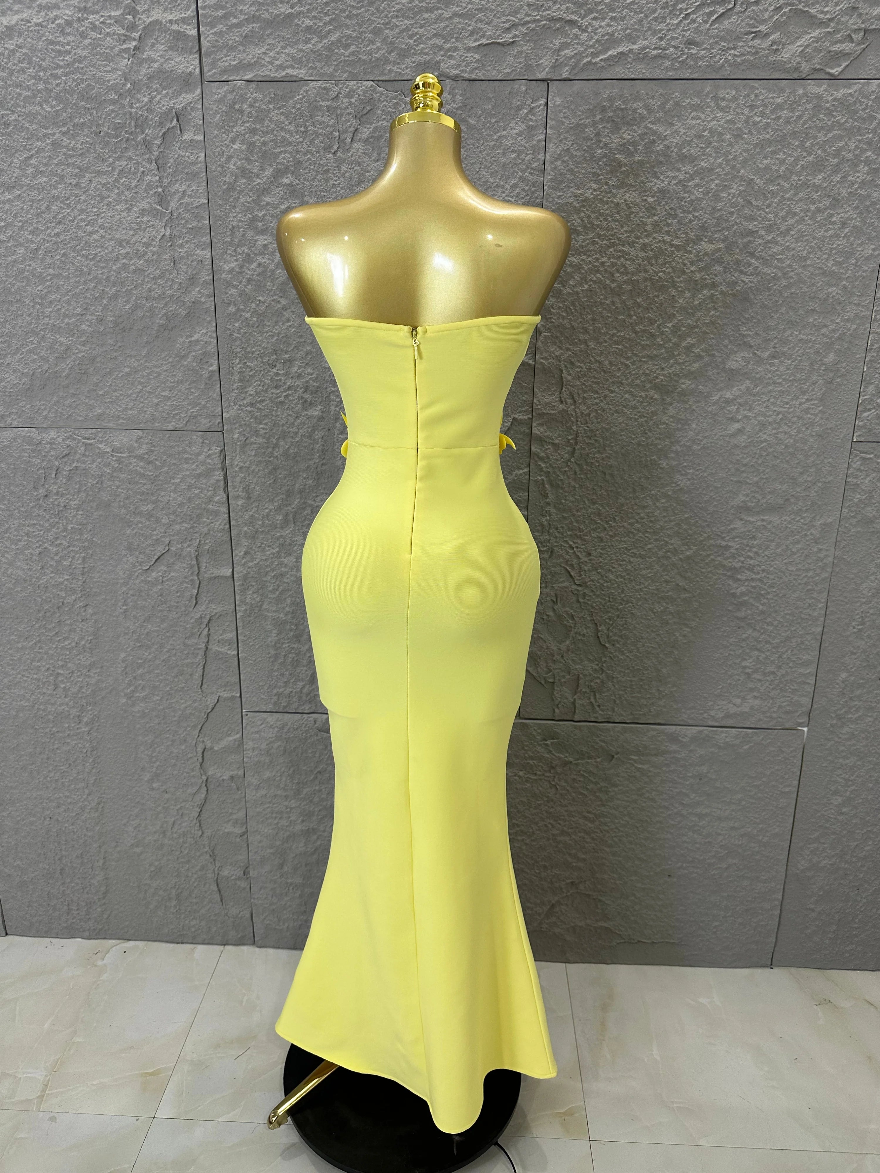 Elegant Yellow Strapless Sweetheart Neck Mermaid Dress 3D Flower Fitted Flare Hem Evening Birthday Gala Banquet Party Outfit