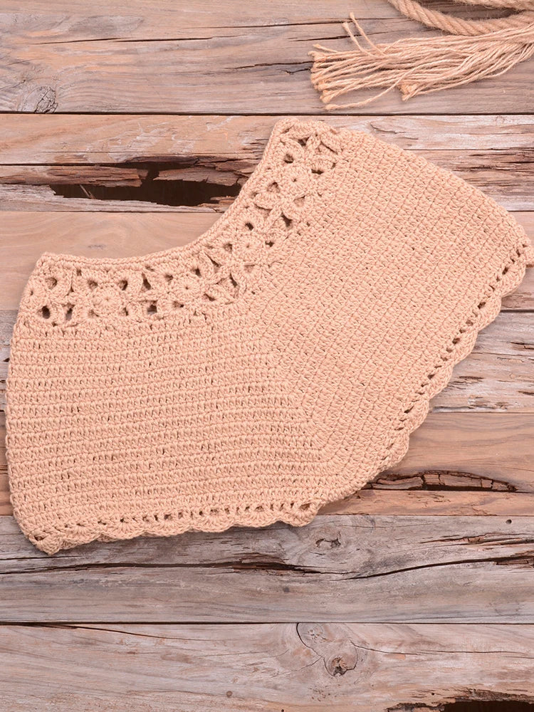 Bikini 2022 knitting Swimsuit Crochet Bikini Bohemia Style Off Shoulder High Neck Bathing Beach Bikinis Handmade Crochet Bikini Khaki Bottom