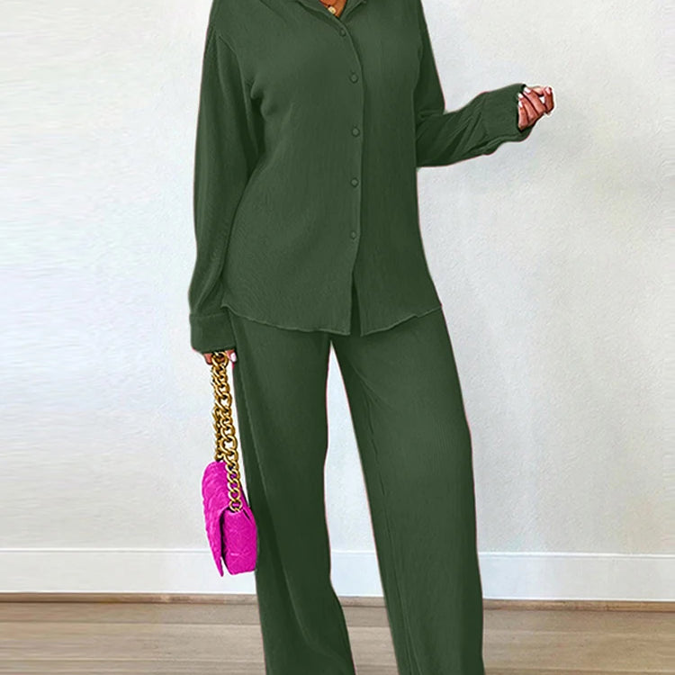 Plus Size 5XL VONDA Women Sets 2025 Autumn Casual Lapel Loose Two-Piece Suits Elegant Tops and Wide Leg Pants Matching Sets green