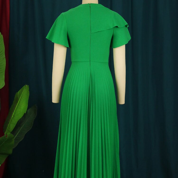 Women Pleated Midi Dresses Short Sleeve Ruffles Elegant Green Yellow A Line Spring Summer Chic Fashion Gown Party Birthday Robes