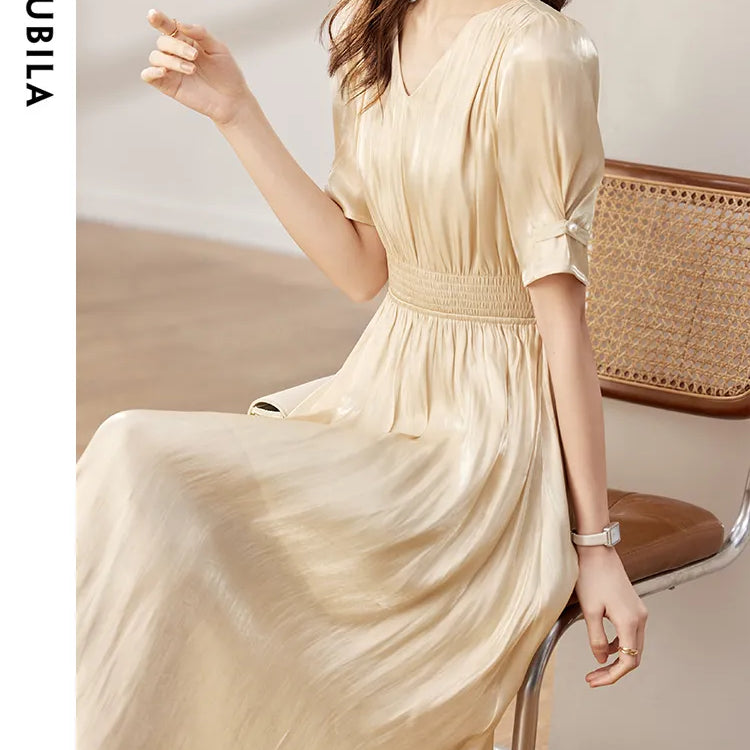 Sentubila Vintage Elegant Dresses for Women 2024 Summer Fashion V-Neck Empire Puff Sleeves A-Line Long Dresses Women Clothing