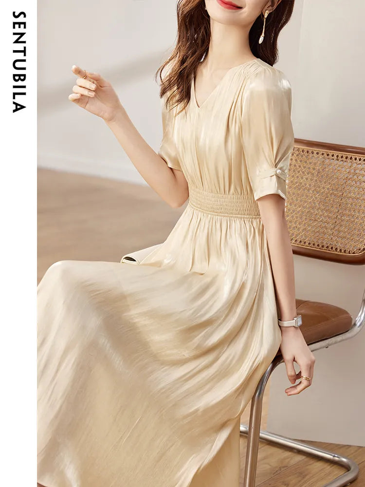 Sentubila Vintage Elegant Dresses for Women 2024 Summer Fashion V-Neck Empire Puff Sleeves A-Line Long Dresses Women Clothing