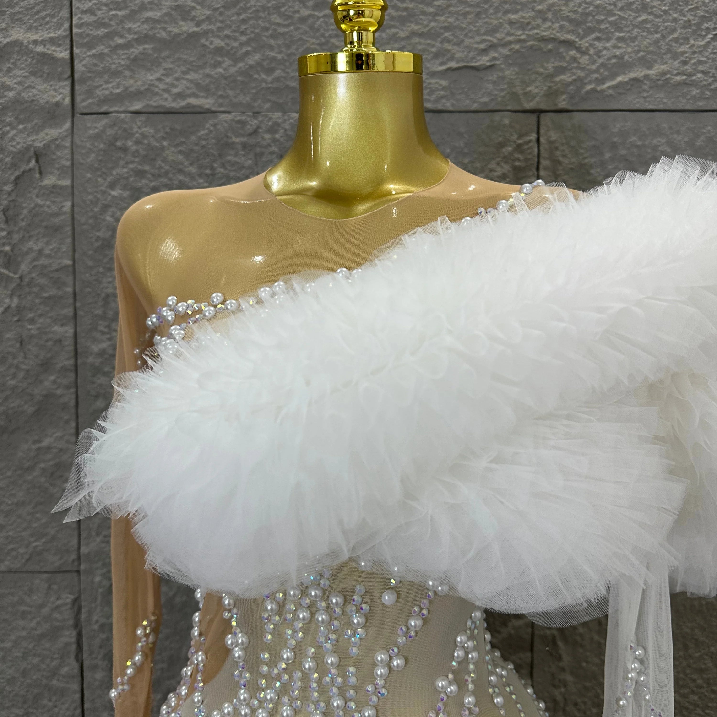 Luxurious Nude Sheer Mesh Mini Dress Women One-Shoulder Pearl Beaded Ruffle Tulle Bodycon Evening Costume