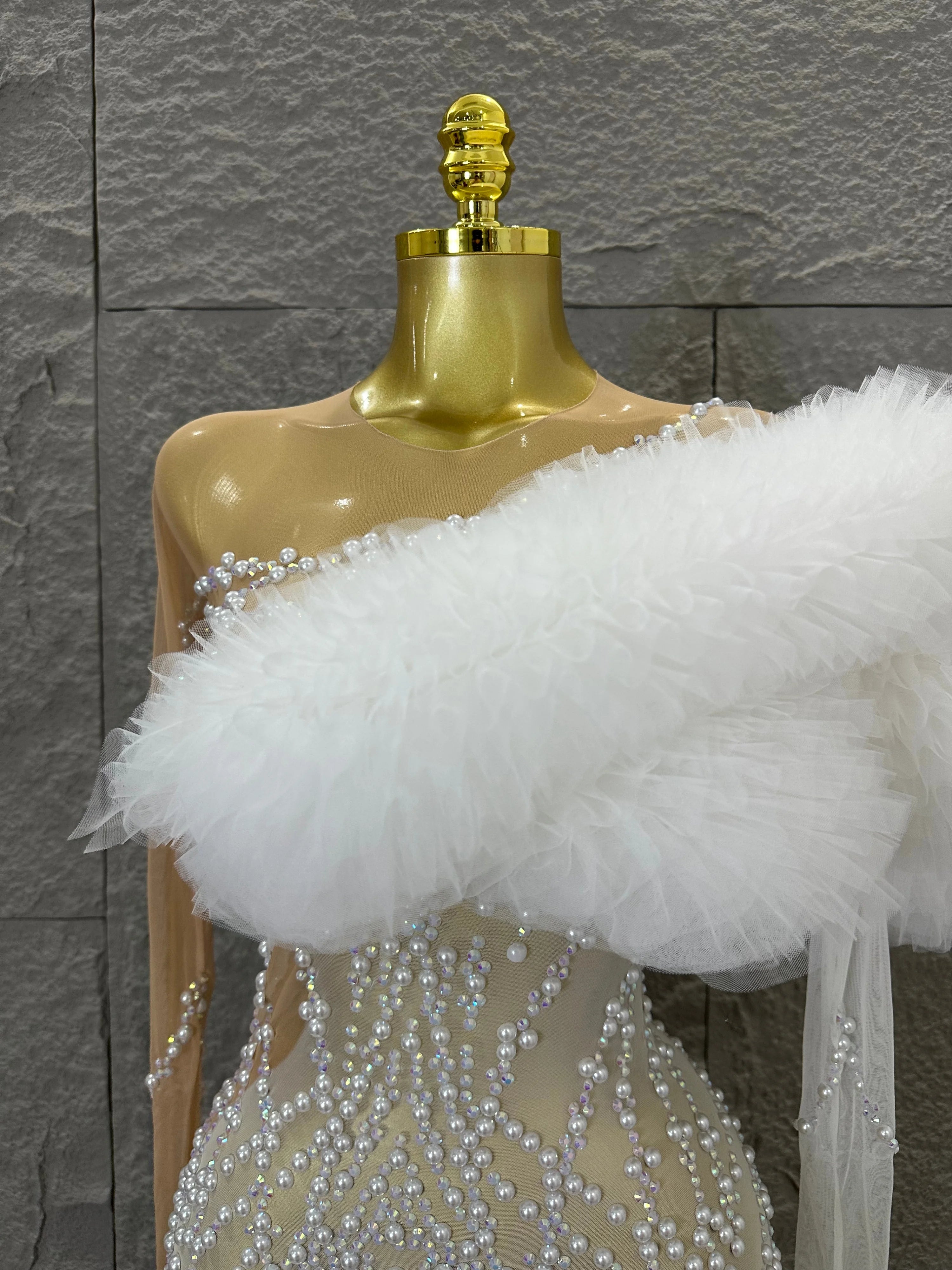 Luxurious Nude Sheer Mesh Mini Dress Women One-Shoulder Pearl Beaded Ruffle Tulle Bodycon Evening Costume