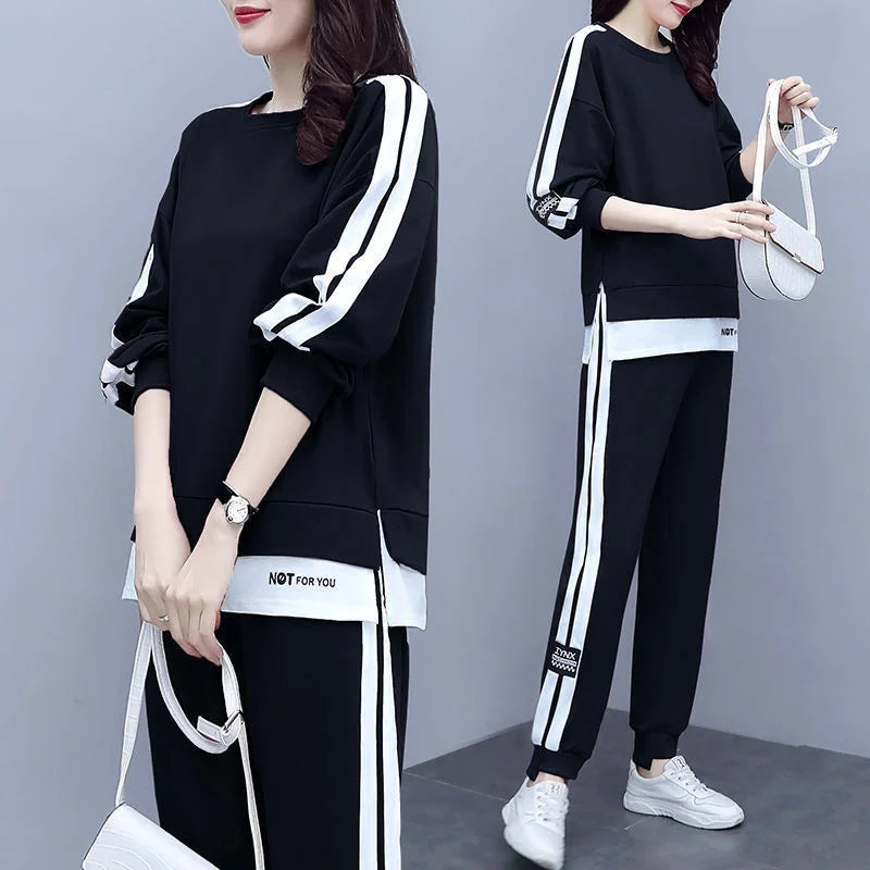 Women's Large Sweat Suit 2025 Spring Autumn New Plus Size Clothing Elegant Fashion Tops T-shirt Pants 2 Two Piece Sets For Women black
