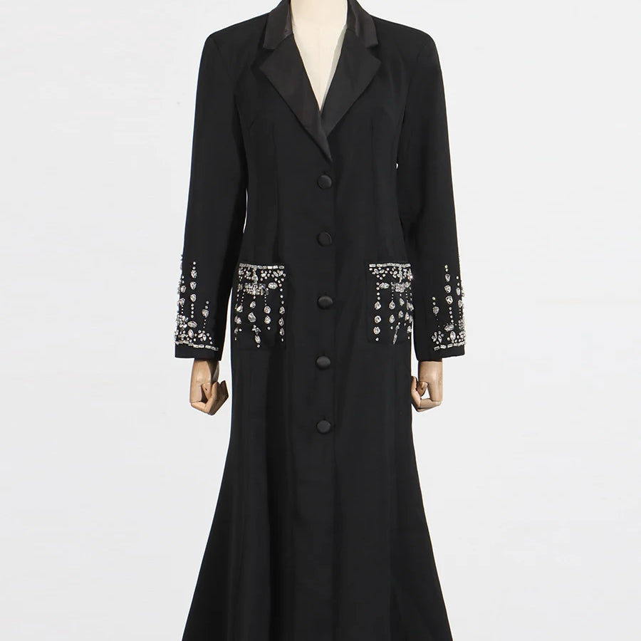 Solid Slimming Spliced Diamonds Dresses for Women Lapel Long Sleeves Patchwork Single Breasted Dress Female Fashion BLACK