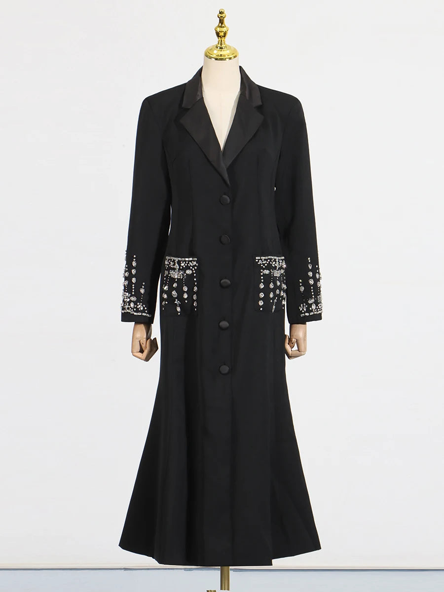 Solid Slimming Spliced Diamonds Dresses for Women Lapel Long Sleeves Patchwork Single Breasted Dress Female Fashion BLACK