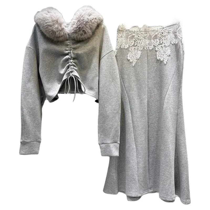 Winter New Fashionable Big Fur Collar Drawstring Sweatshirt Lace Waist Mermaid Skirt Thickened Set For Women 11A07480