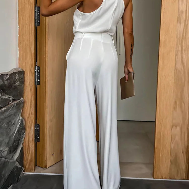 Wide Leg Pants Loungewear Bodysuits, Women Spring Summer Pocket Sleeveless Jumpsuits, Turn-Down Collar Simple Ladies Playsuits