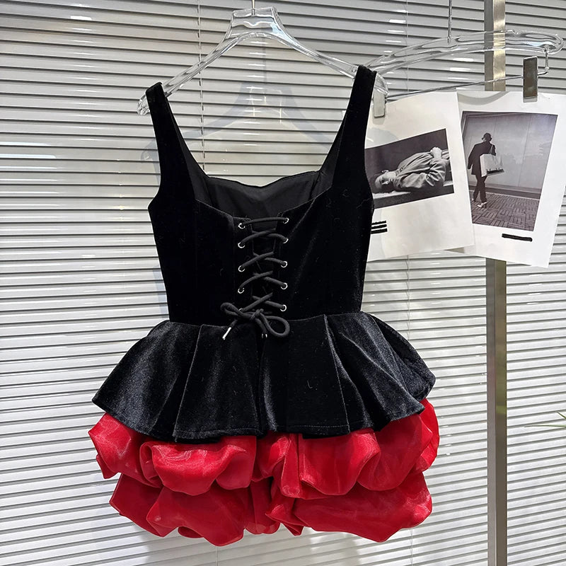 Winter New Fashion Style Velvet Waist-Cinching Contrast Color Hem Puffy Dress For Women Evening Party Dresses 11A07831