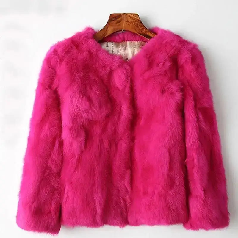 2025 New Women's Real Rabbit Fur Coat High-waist Round Collar Cardigan Long-sleeved Slim Fit Rabbit Jacket Women Fashion Coat