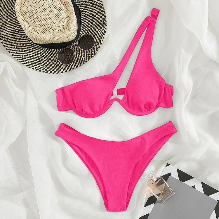 Sexy Push Up Bikini Set Women Cut Out Swimsuit Summer One Shoulder Swimwear Female Bathing Suit Beachwear Lady High Waist Bikini rose red