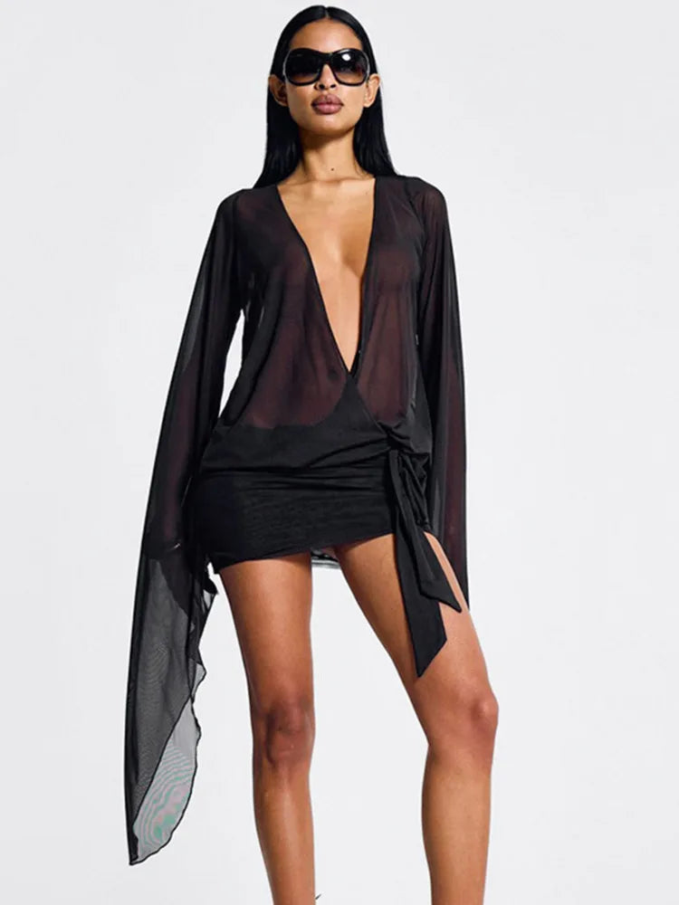 Mesh See Through Sexy Mini Dress For Women Black Sheer Mesh Deep V Neck Long Sleeve Backless Draped Ruched Dress