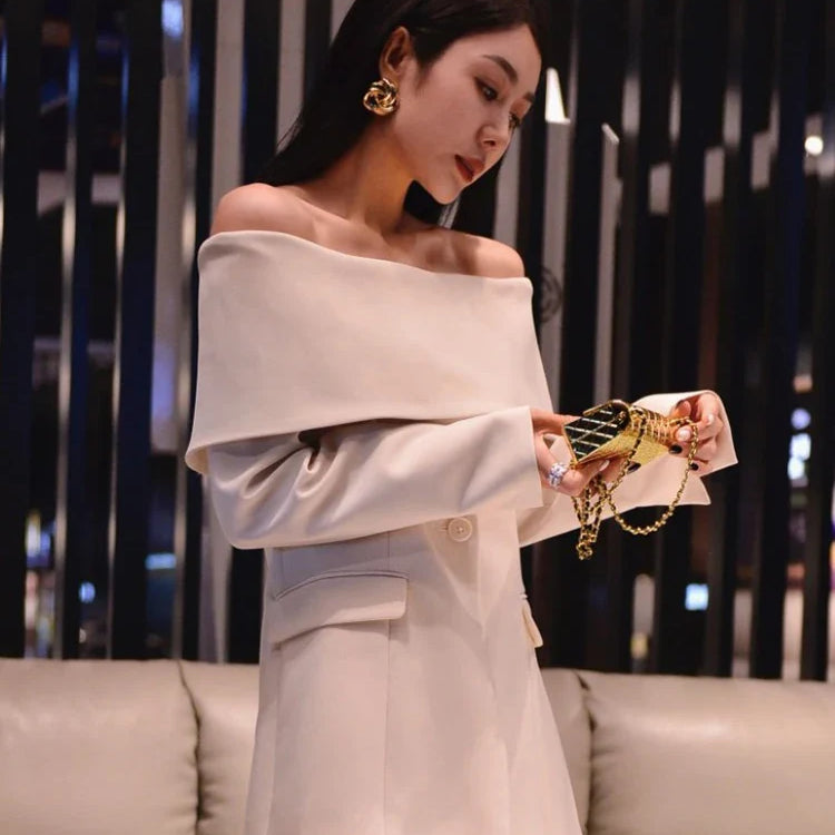 Slash Neck Chic Blazers For Women Off Shoulder Long Sleeve Patchwork Single Button Solid Coat Female Clothes 2022