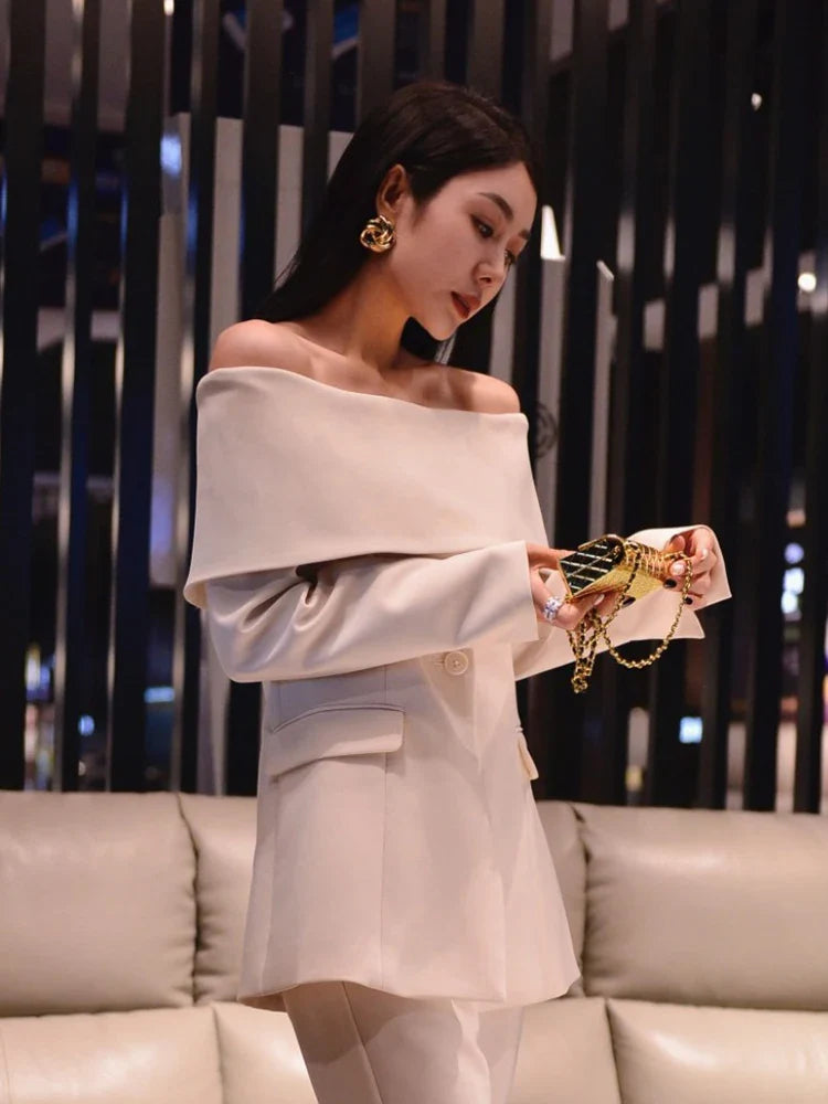 Slash Neck Chic Blazers For Women Off Shoulder Long Sleeve Patchwork Single Button Solid Coat Female Clothes 2022