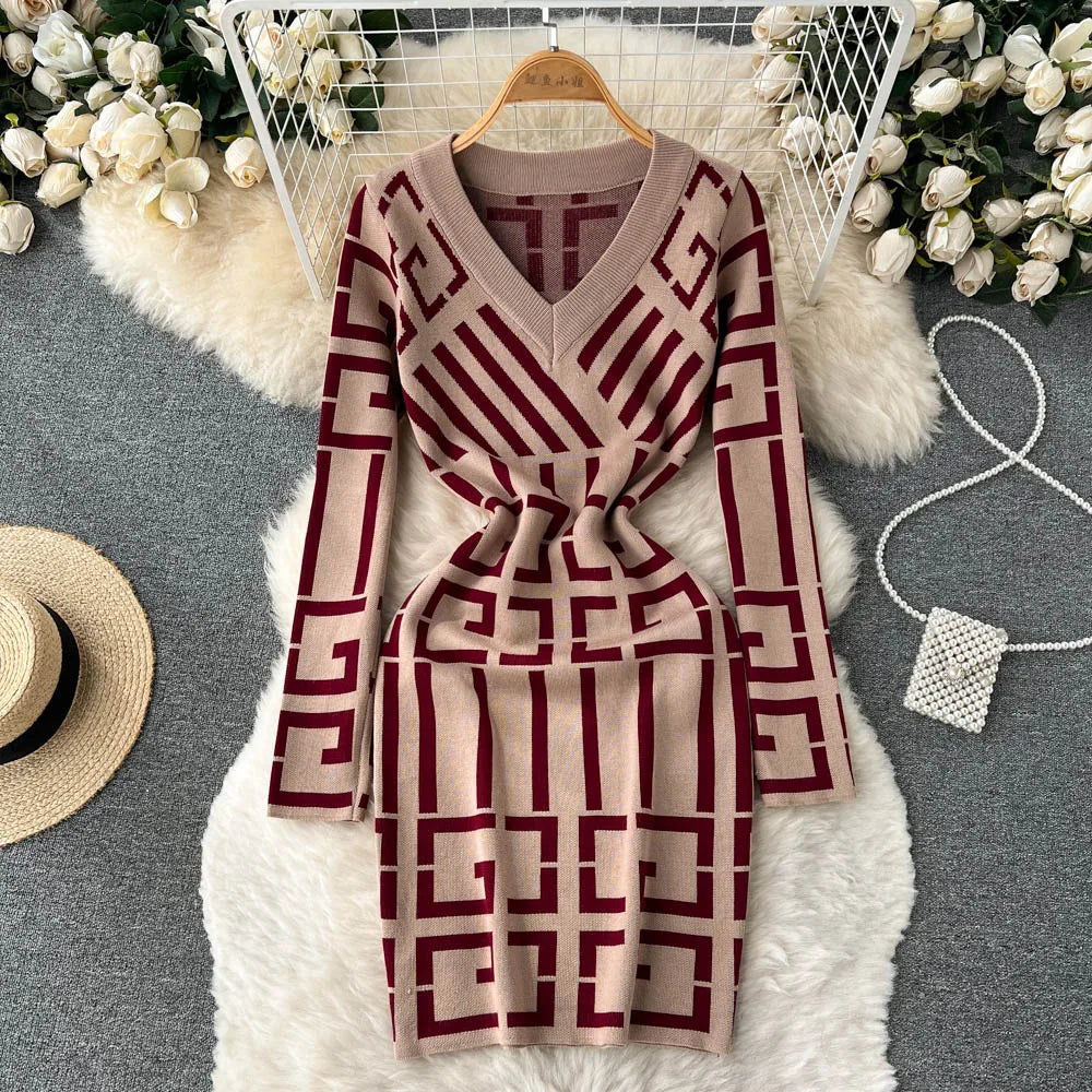 Women Dress Autumn Winter Long Sleeve Y2K Geometric Knitted Dress Lady Elegant Bodycon Sweater Dress Vestidos