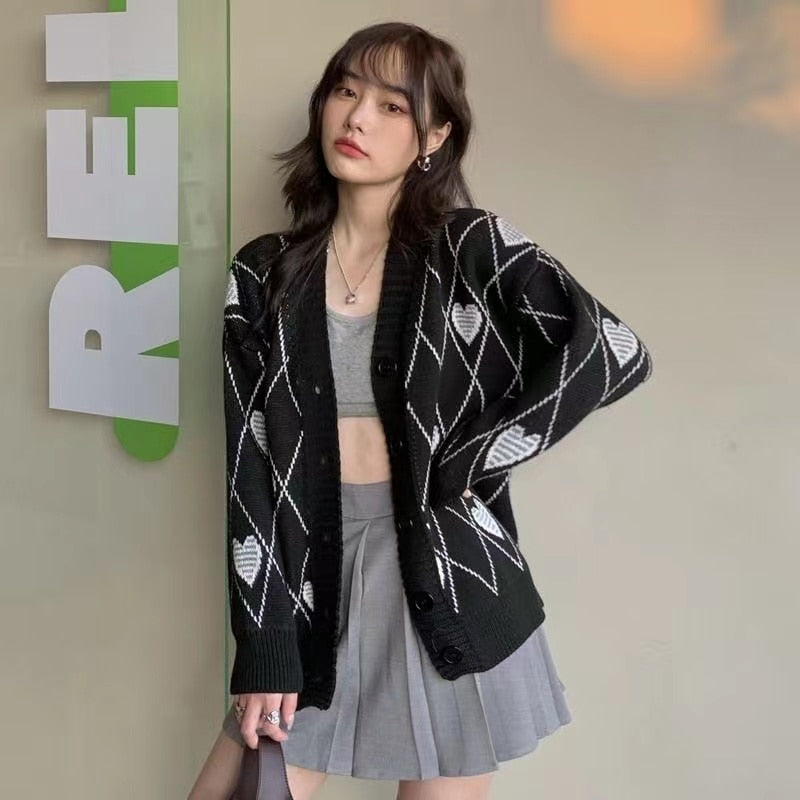 Women Knitted Cardigan Argyle Heart Pattern Jacquard Sweater Long Sleeve Love Style Coat Fall Winter Vintage Korean Tops