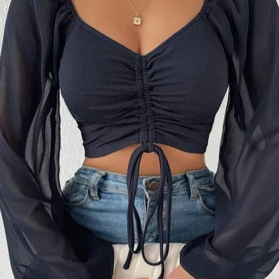 Woman’s Tops Puff Sleeve Sexy Close-Fitting Summer and Spring Lace up V-neck Fashion Solid Color Simple Long Sleeve Hot Navy Blue