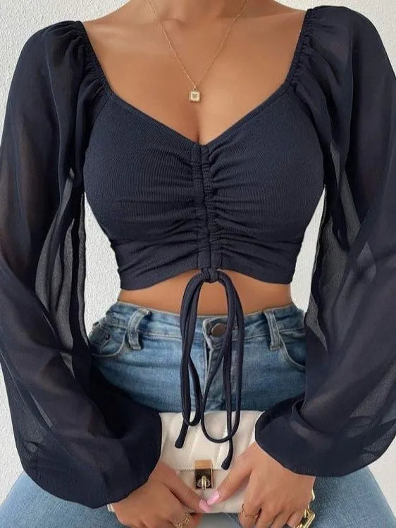 Woman’s Tops Puff Sleeve Sexy Close-Fitting Summer and Spring Lace up V-neck Fashion Solid Color Simple Long Sleeve Hot Navy Blue