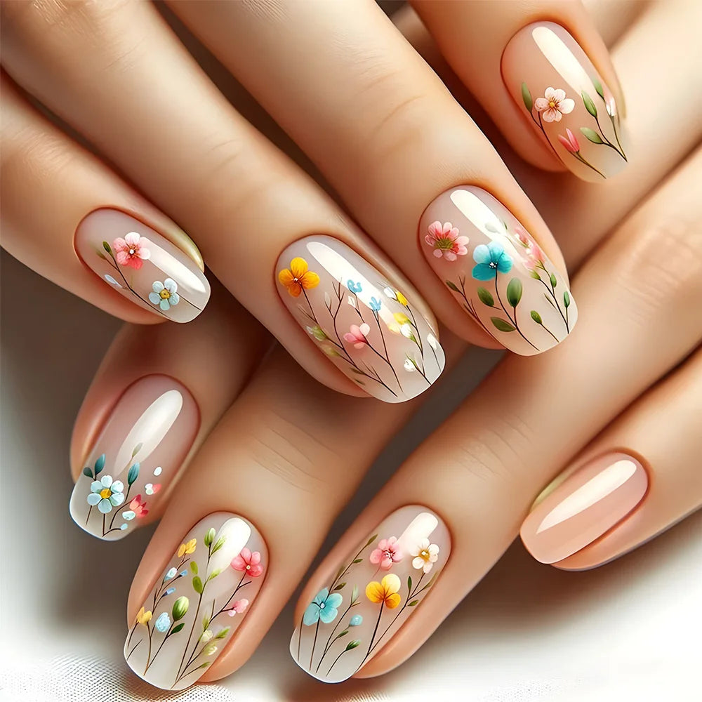 24pcs Flower Full Cover Nail with Pearl Design Mid-length Ballet False Nails Press on Square Fake Nail Tip Wearable Manicure Set DY1907