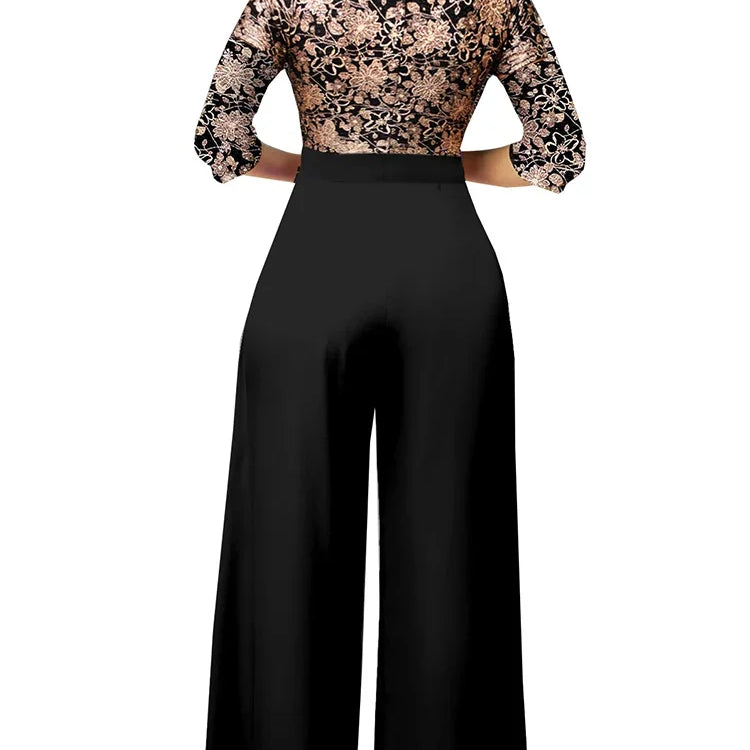 Sets Outifits 2023 New Gilded Floral V-neck Loose Fitting Jumpsuit of One Fashion Casual Pieces for Women Elegant Female