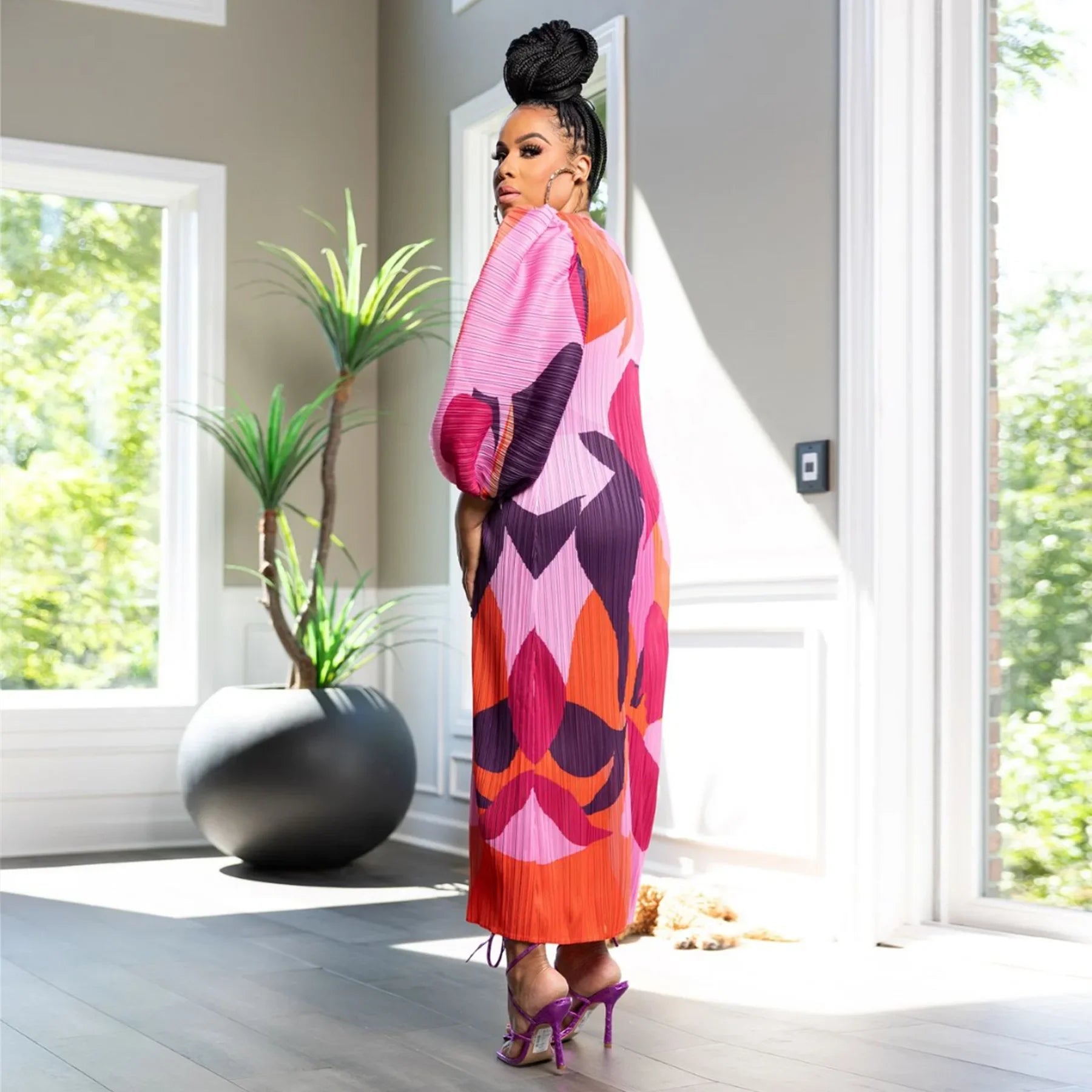 Elegant Women Pleated Half Lantern Sleeve O-neck Slim Maxi Long Dress Print Fashion Autumn 2024 Ruched Dresses Vestidos