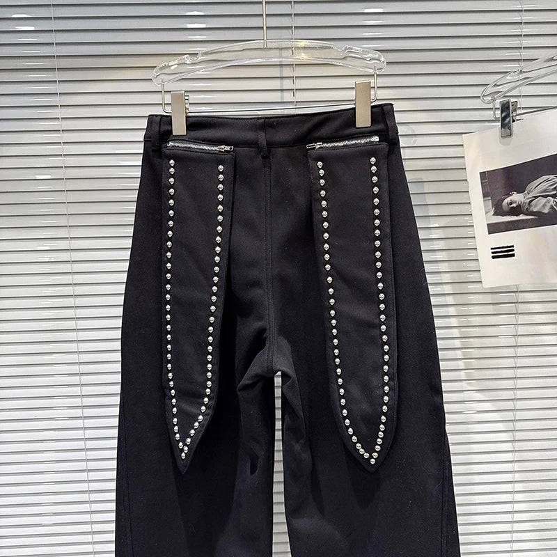 Winter New Trendy Fashion Back Pocket Metal Rivet Fleece Lined Trousers For Women Straight-leg Casual Pants 11A07858