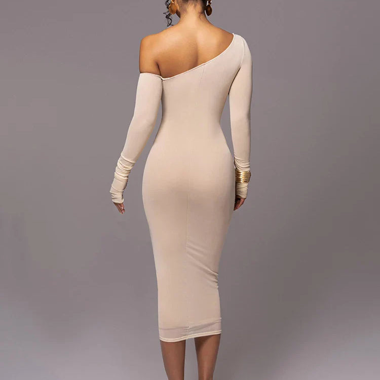 Diagonal Collar Long Sleeve Midi Dress For Women Two Layer Mesh Backless Ruched Bodycon Club Party Sexy Long Dress