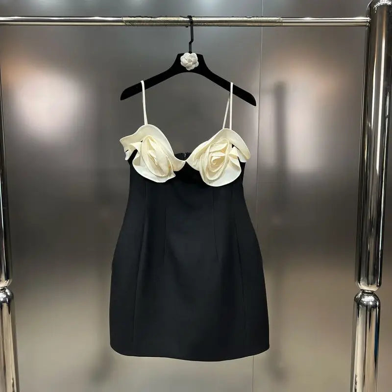 PREPOMP Spring Sleeveless Petals Appliques Design Contrast Color Slim Waist Short Dress Women GM986 Black