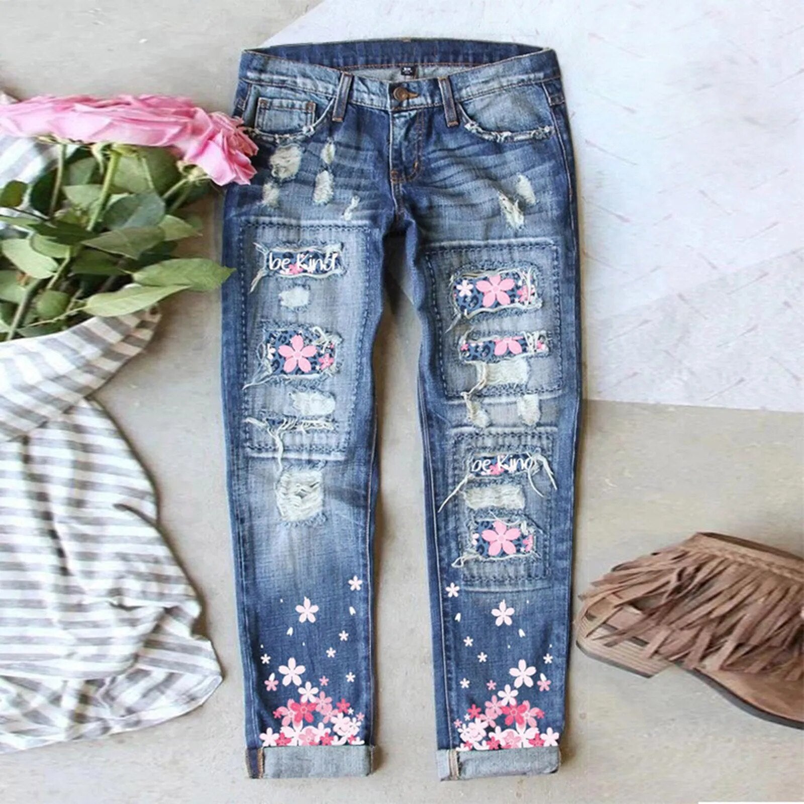 Women's Sunflower Print Ripped Jeans Patchworks Regular Fit Long Casual Denim Jeans Holes Trousers Streetwear Denim Pencil Pants 5-Blue