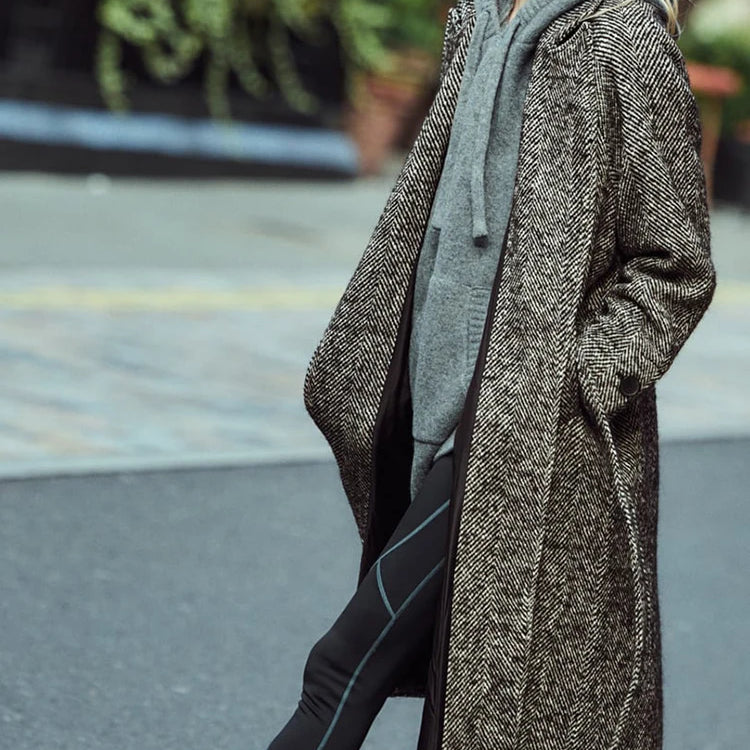 Women's Warm Windbreaker Fall And Winter New Retro Long-Sleeved Classic Jacket Herringbone Twill With Belt Windbreaker